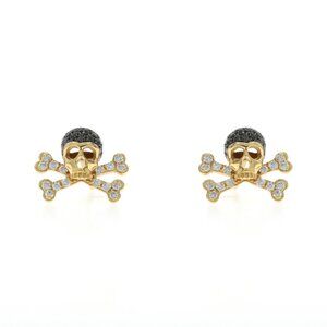 Yellow Gold Diamond Skull and Crossbones Stud Earrings 18k Round .65ctw Pierced